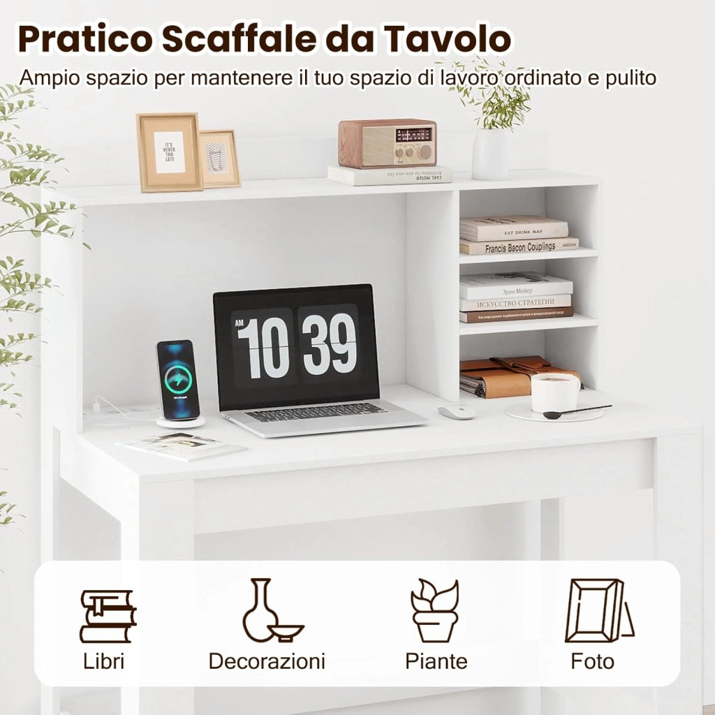 Scrivania per Computer con Libreria, Scrivania Salvaspazio in Legno con Stazione di Ricarica e Foro per Cavi, Scrittoio Moderno per Ufficio, Soggiorno e Studio, 108 x 60 x 125 cm (Bianco)