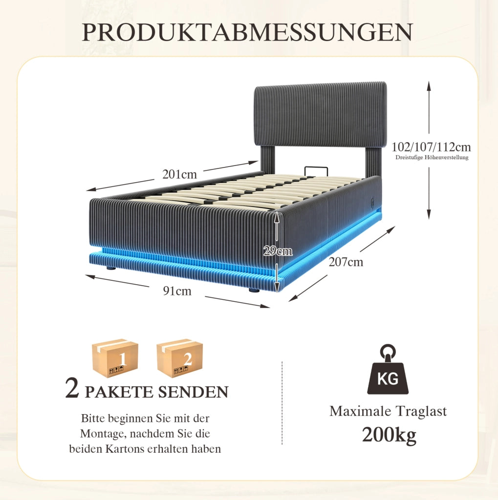 Letto imbottito 90x200 cm in tessuto corduroy grigio scuro con testiera regolabile; LED e USB-C