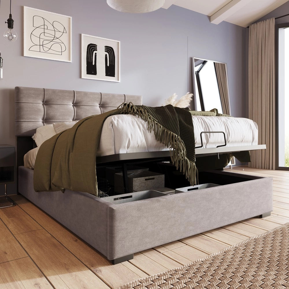 Letto Singolo Imbottito Contenitore con Testiera Regolabile ¨C MINIMAL ¨C Velluto Grigio Chiaro 90x200