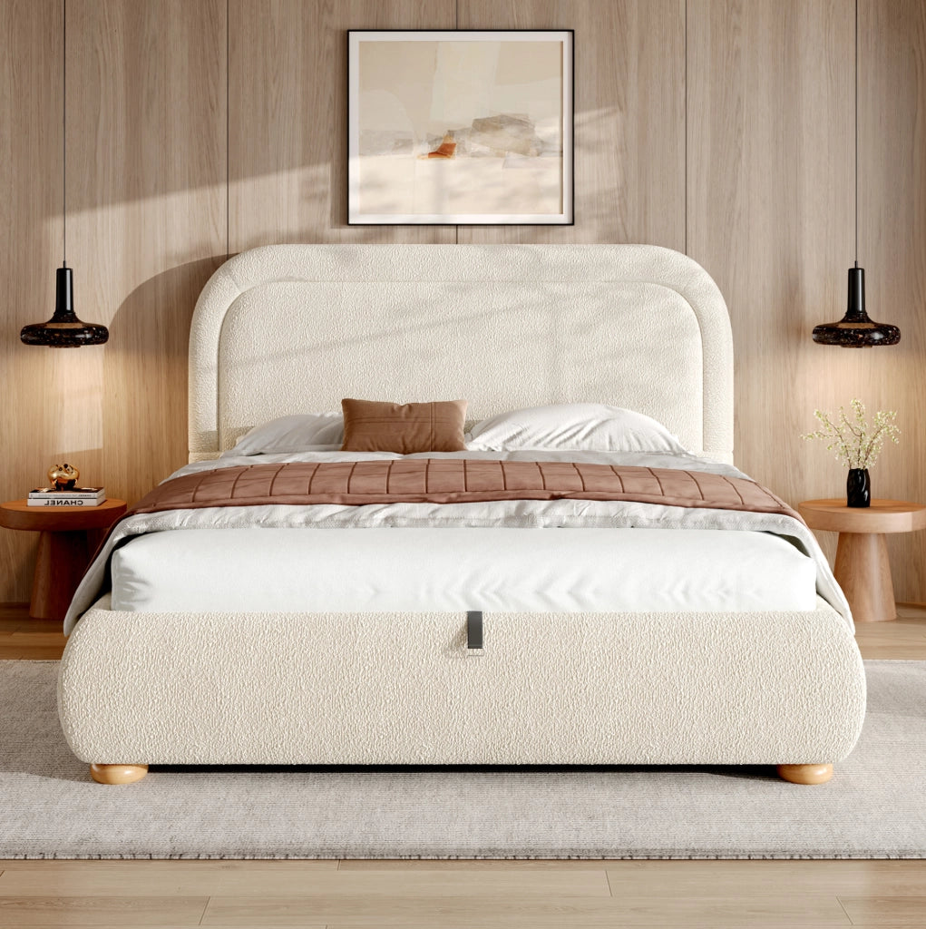 Letto imbottito beige in boucl¨¦ con contenitore idraulico e rete a doghe