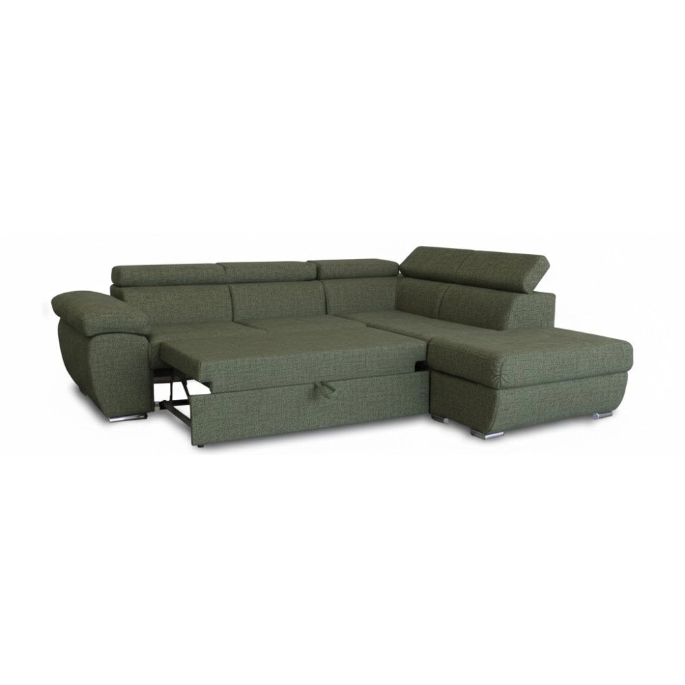 Divano Letto Angolare Fiona con Penisola Destra e Pouf Contenitore – Verde Oliva