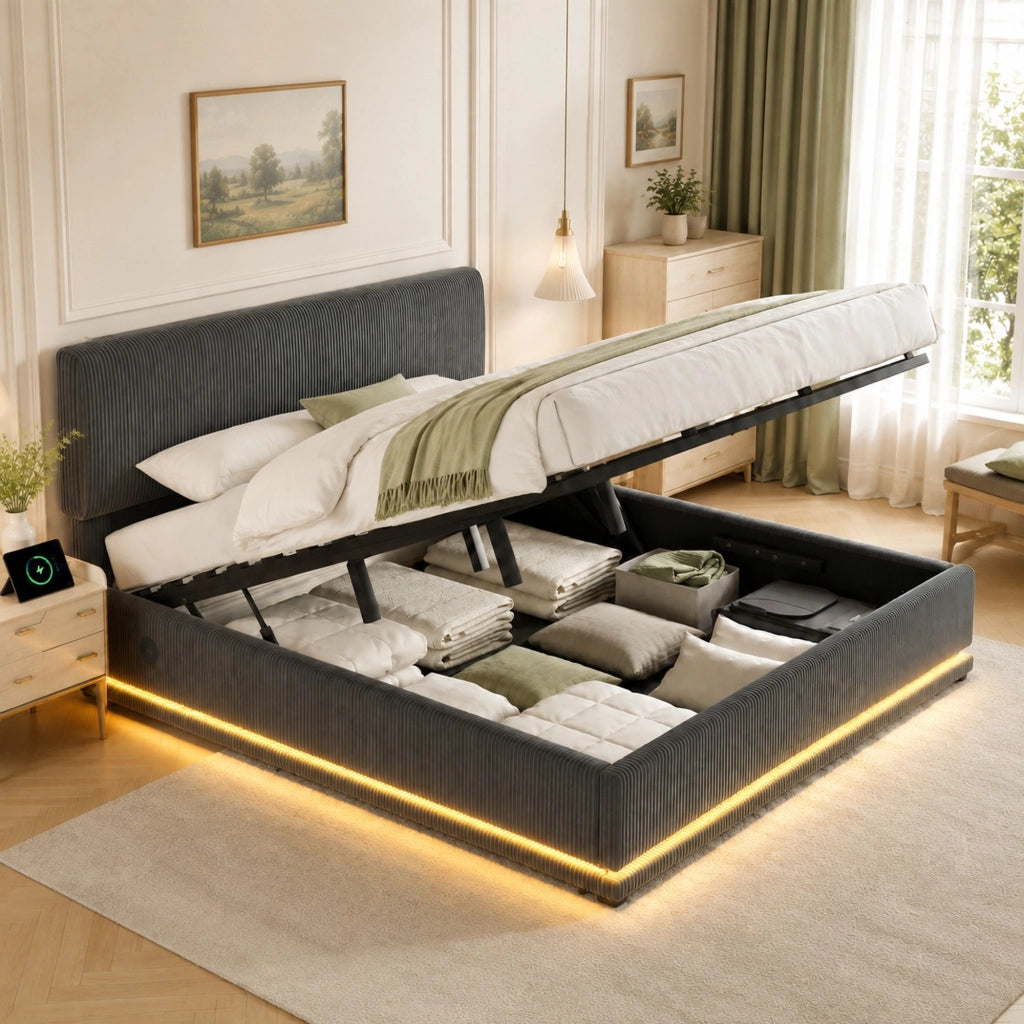 Letto imbottito 180x200 cm grigio scuro in velluto a coste con LED e USB-C