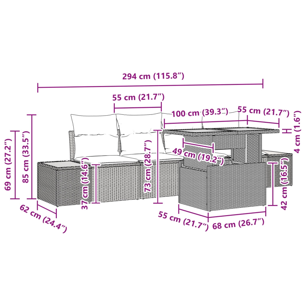 Set Pranzo Giardino 5 Pezzi Cuscini Nero Polyrattan Acacia