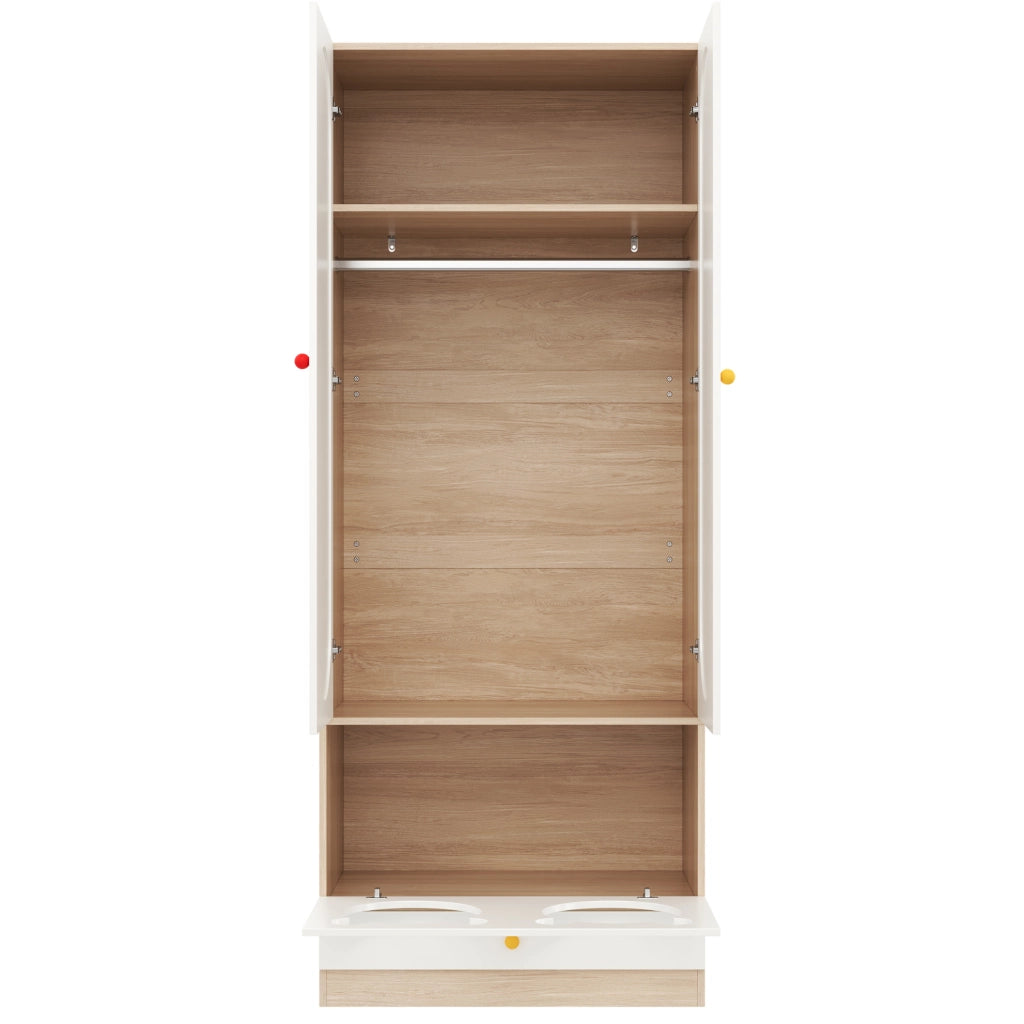 Armadio per cameretta con appendiabiti e cassetti in MDF colore naturale e bianco