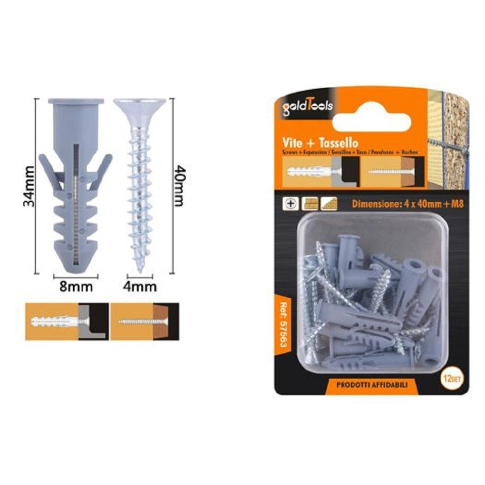 Trade Shop - Set 12pz Viti Vite Croce 4x40 Mm + Tasselli Con Alette Tassello M8 Fischer 57563 -