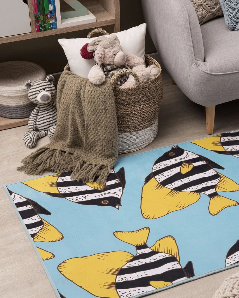Tappeto tappetino Pesci Stampato Verde e Giallo 80 x 140 cm a pelo corto per Bambini
