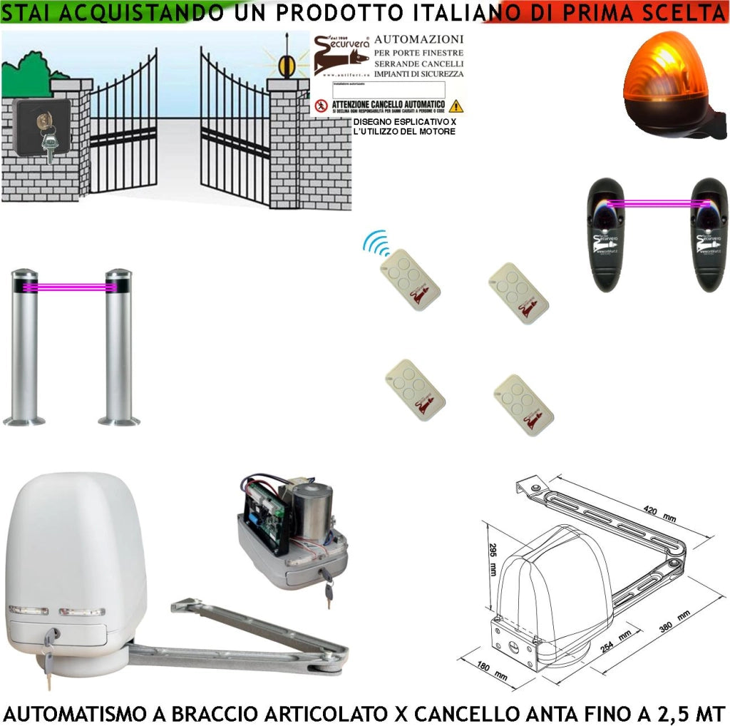 Cancello Elettrico Kit Motore a Braccio Articolato 220/24 V Anta da 0,5 a 2,5 MT Centrale 4 Radiocomandi Faro Selettore 2 Paline 2 Fotocellule