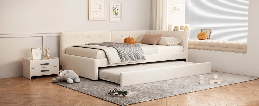 DESMIU Divano letto 90 × 200 cm 1 posto con letto estraibile, senza materasso, in velluto e MDF, beige