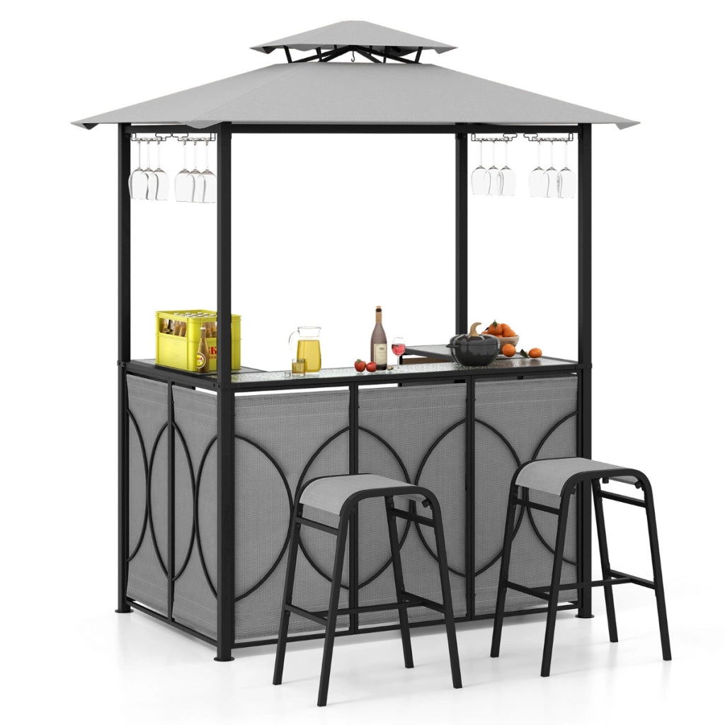 Set bar da patio a 3 pezzi con tavolo in vetro temperato ripiani in metallo-Gazebo per griglia e 2 sgabelli Grigio