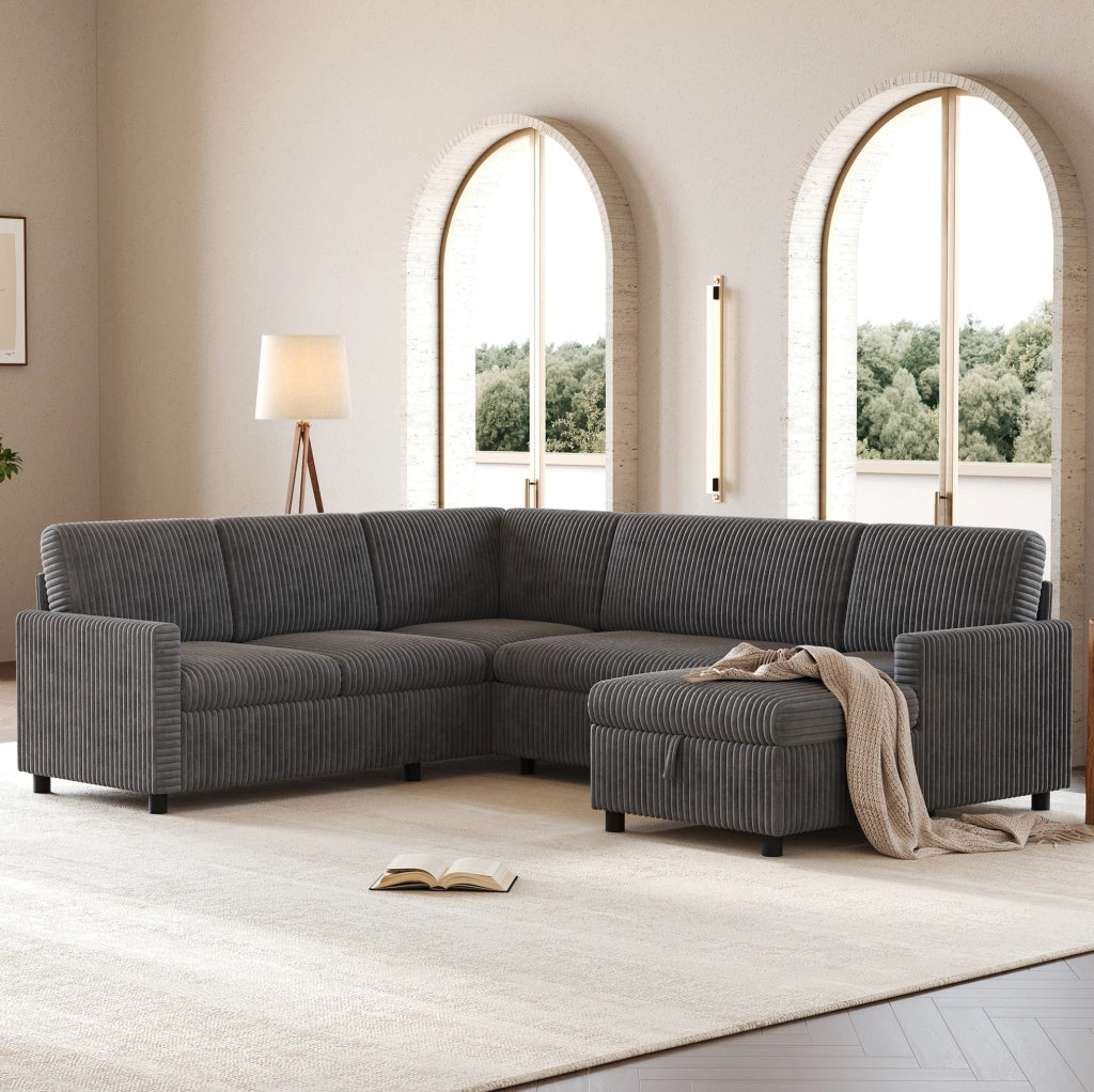 Divano letto angolare a U in velluto a coste grigio con contenitore
