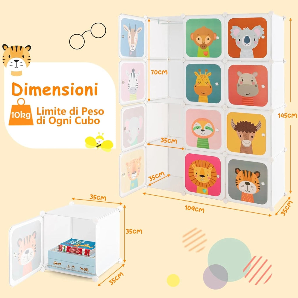 Guardaroba Portatile per Bambini, Armadio Portatile con 12 Cubi, Organizzatore Modulari per Camera dei Bambini Soggiorno, 109 x 35 x 145 cm (Bianco)