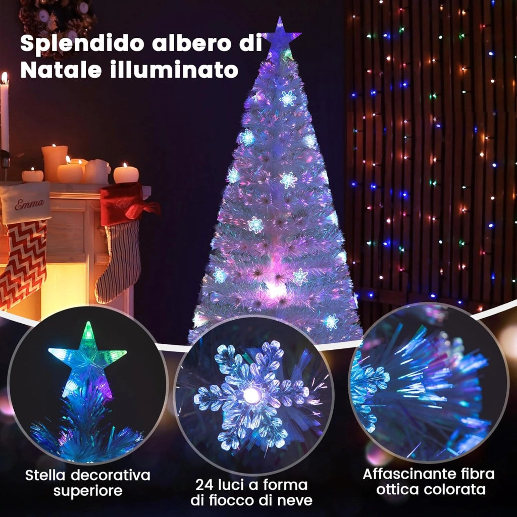 Albero di Natale Pre-illuminato in Fibra Ottica da 120/150/180cm, Albero di Natale Bianco con Foglie Iridescenti, Luci a LED a Fiocco di Neve Multicolore, Luce Superiore a Stella (180 CM)