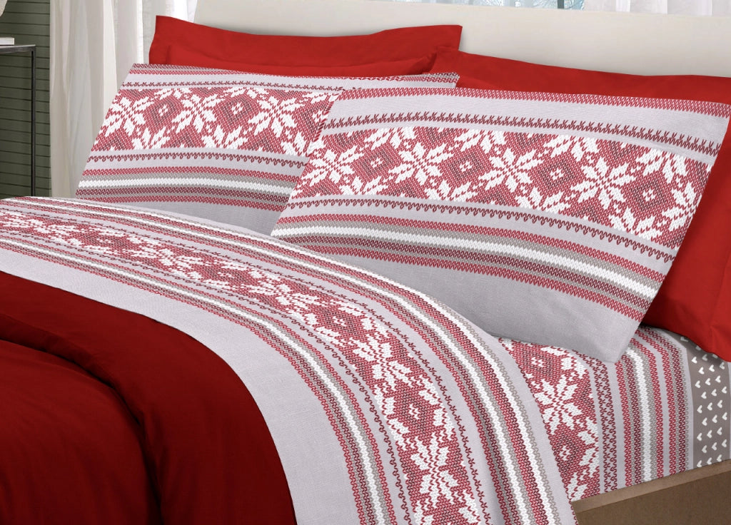 Completo Lenzuola Pensieri Delicati 100% Cotone Disegno Norvegia - Singolo - Rosso