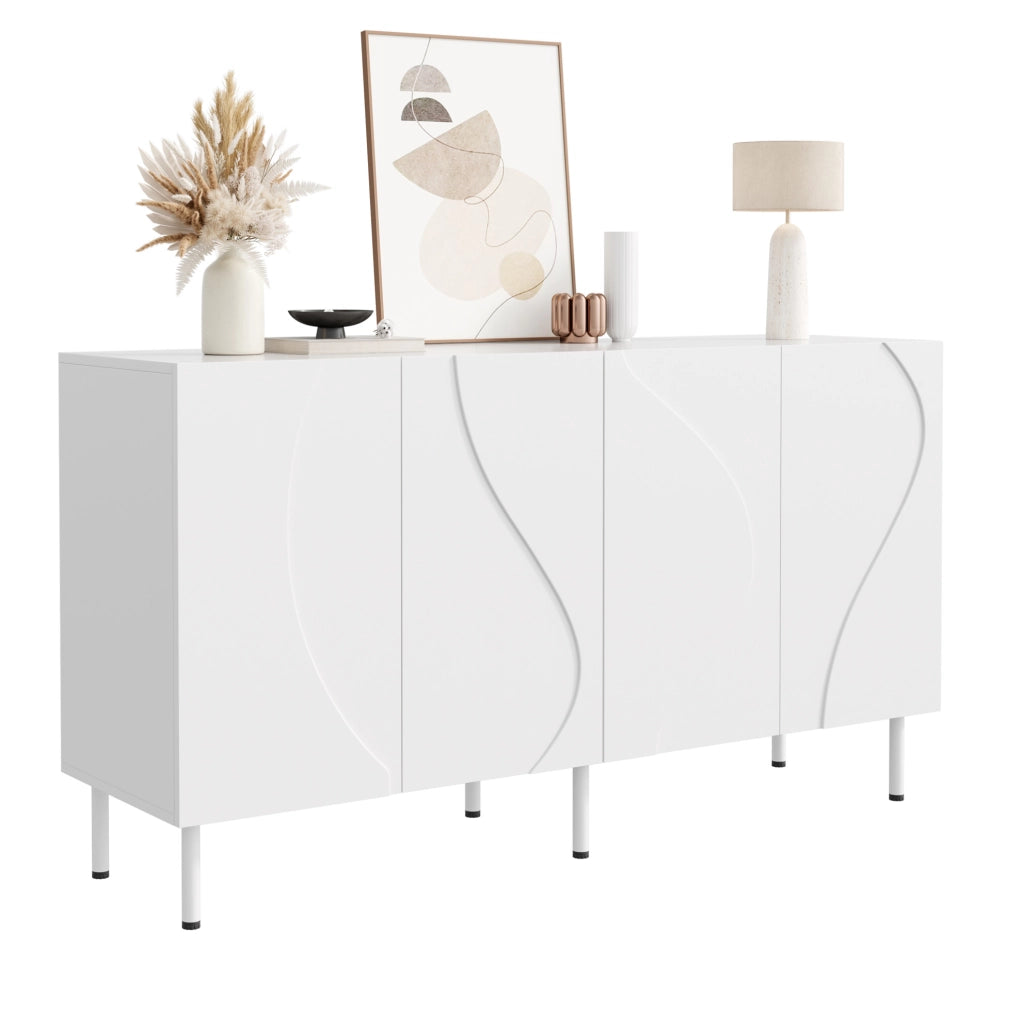 Credenza bianca 140 cm con ante curve e apertura push-to-open