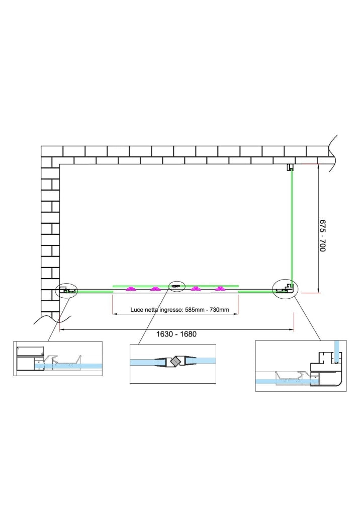 Box doccia 6 mm H 190 parete fissa e porta a 4 ante con apertura centrale MISURA 67,5-70 ANTA FISSA + PORTA 163-168
