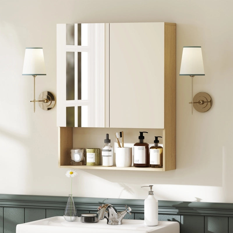 Specchio armadio da bagno a parete con ripiani aperti, finitura effetto rovere, 60 x 16,6 x 75 cm