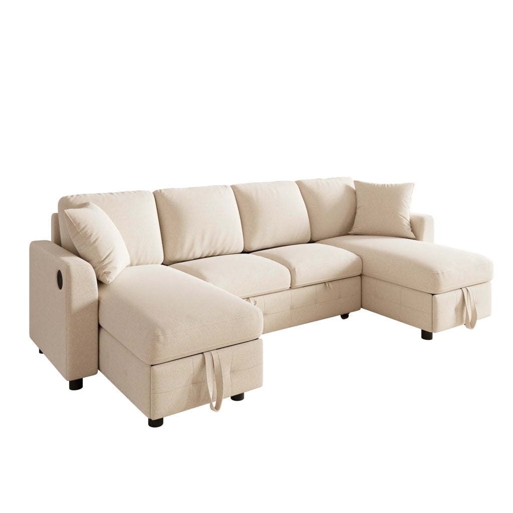 Divano letto a U in chenille beige con funzione estraibile, 2 chaise longue contenitore, USB e Type-C, 260¡Á128¡Á82 cm