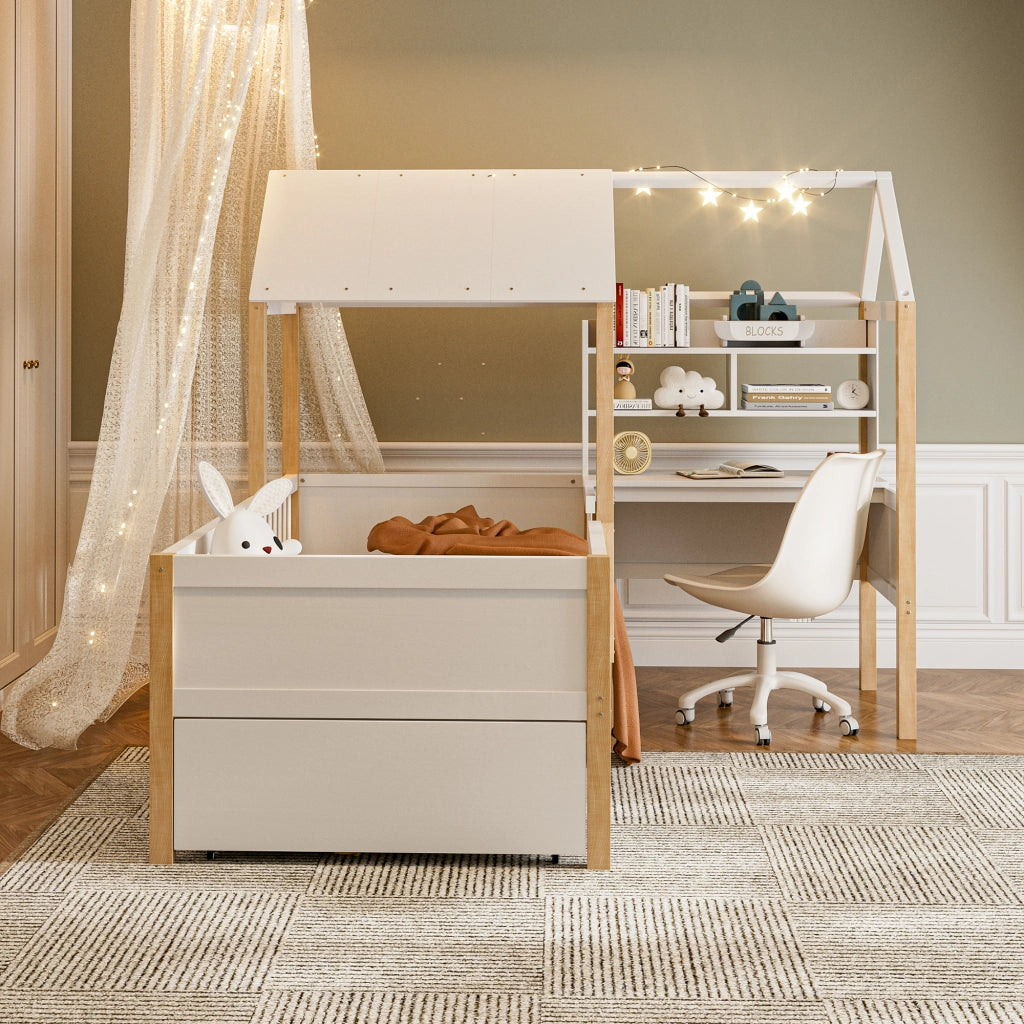 Letto per bambini 90 × 200 cm con scrivania, libreria, cassetti su ruote, sponda di sicurezza, senza materasso