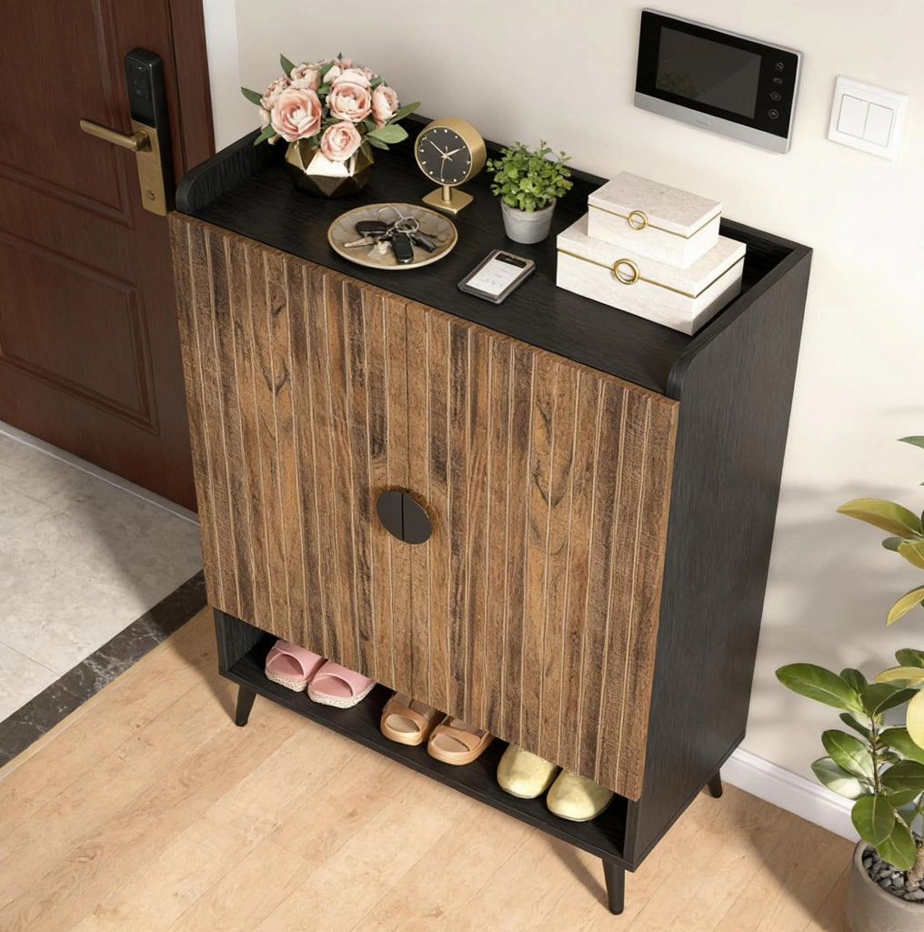 Scarpiera ULEVR 75,9x37,1x109,9 cm con 2 ante e 7 livelli, ripiano regolabile, nero e marrone