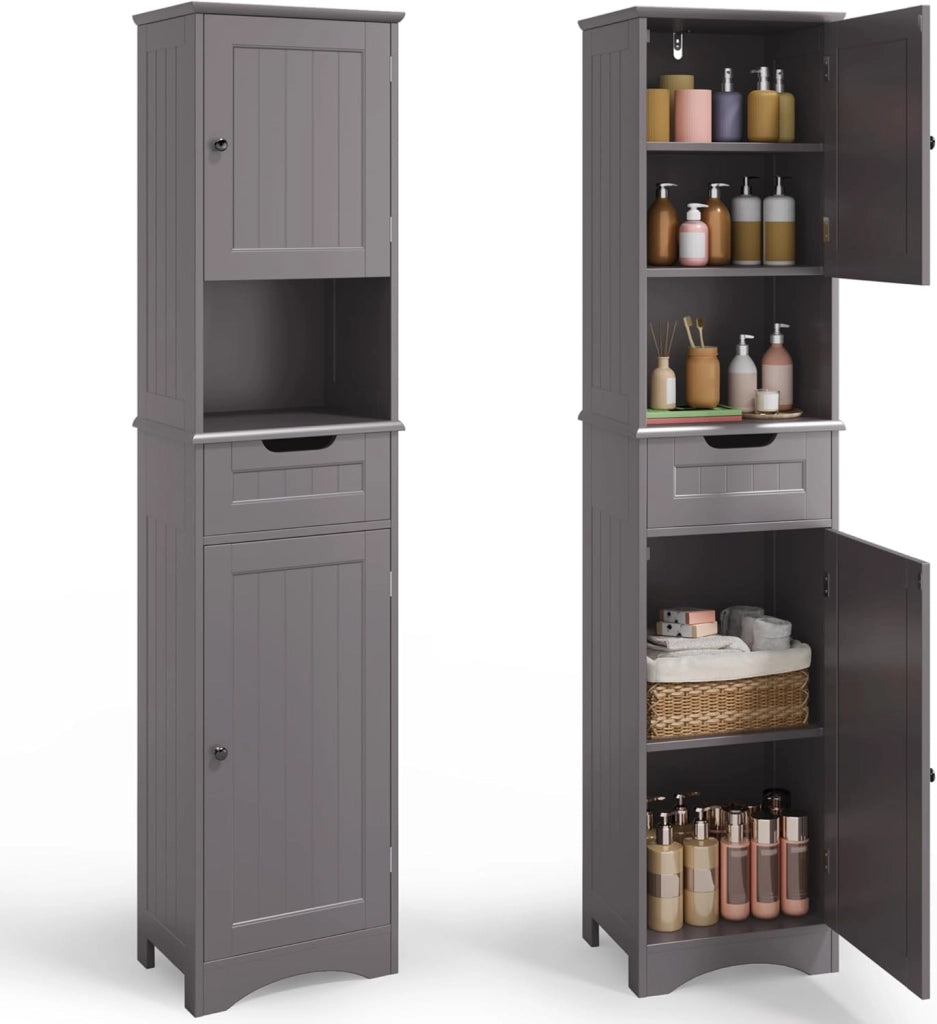 Mobiletto da Bagno Alto con Ripiani Regolabili, Cassetto, Scomparto Aperto, Porte Magnetiche e Protezione Antiribaltamento – 170 x 40 x 30 cm (Bianco)