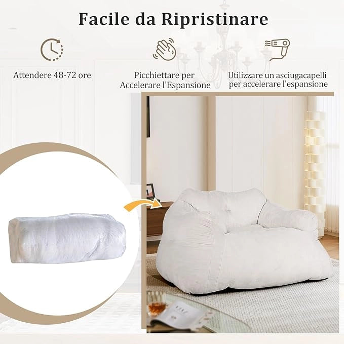Pouf Poltrona Sacco, Divano Pigro di Peluche con Rivestimento in Velluto Morbido e Fondo Antiscivolo, Divano da Pavimento Imbottito per Soggiorno, 129 x 111 x 69 cm