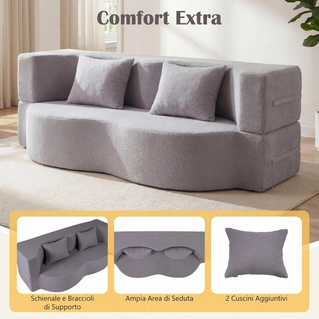 2 in 1 Divano Letto Pieghevole, Divano a 2 Posti in Pile Teddy con 2 Cuscini Comodi, Nessun Montaggio, Divanetto Convertible Moderno per Soggiorno Camera Ospiti, 192,5x84x62 cm (Grigio)