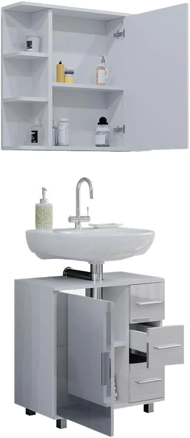 Set mobili bagno Ilias, Bianco lucido, 60 cm, composto da specchio da bagno e mobile sottolavabo