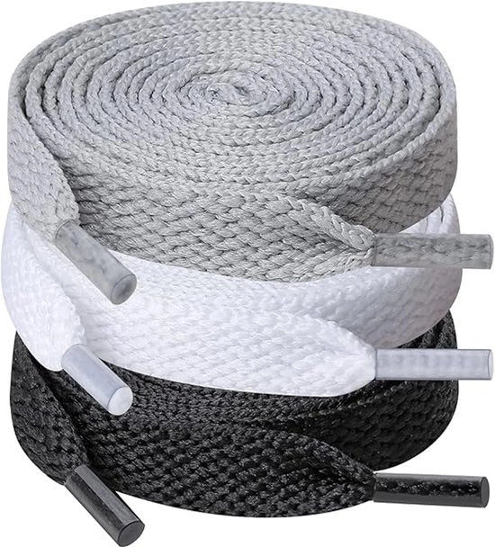 Tre paia di cavi lisci, 120 cm di lunghezza e circa 9 mm di larghezza, adatti per scarpe da sport e da corsa, misura per adulti, Nero+bianco+grigio