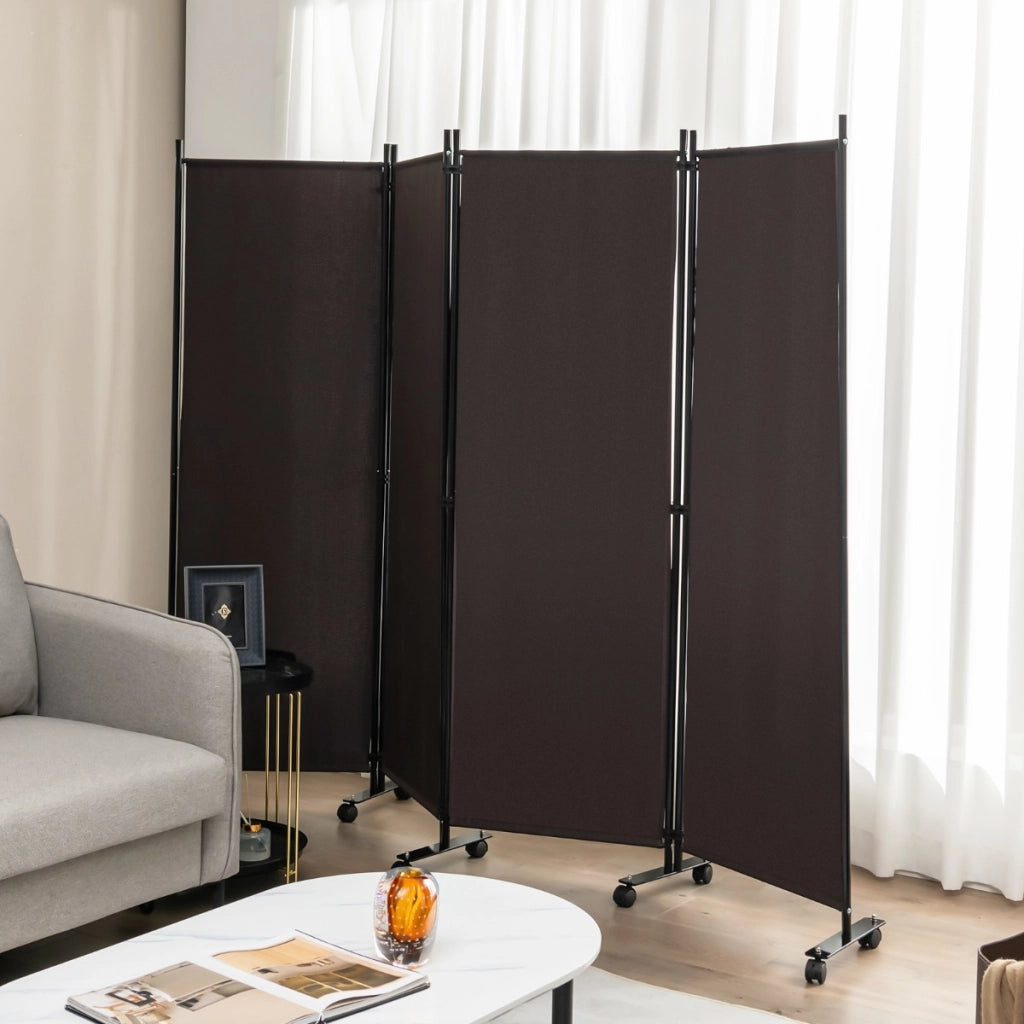 Divisorio con 4 pannelli su ruote-Paravento portatile in tessuto per casa ufficio soggiorno Marrone