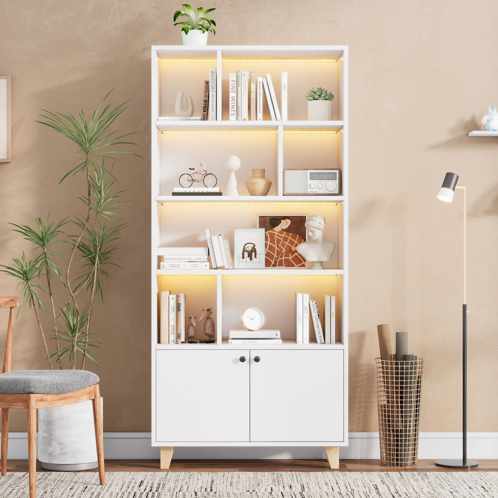 Libreria con 2 Ante e 7 Vani; LED Multicolore; Piedini in Legno Massello; in MDF; 80×30×173 cm; Bianco