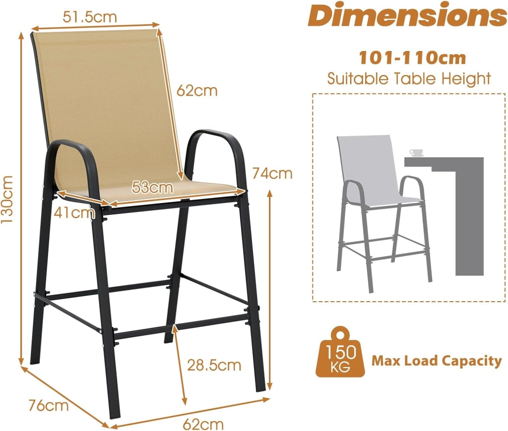 Set di 2 sgabelli da bar esterni, seggiolone con schienale e braccioli, sedia da bistrot in tessuto di carico 150 kg, per giardino, balcone, terrazza, 62 x 76 x 130 cm, beige