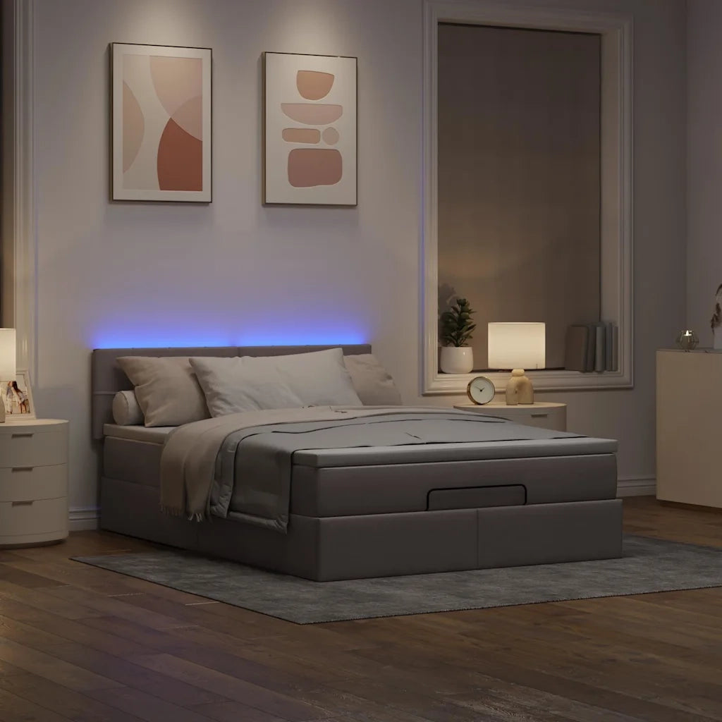 Pouf Letto con Materasso e LED Tortora 140x190 cm in Tessuto