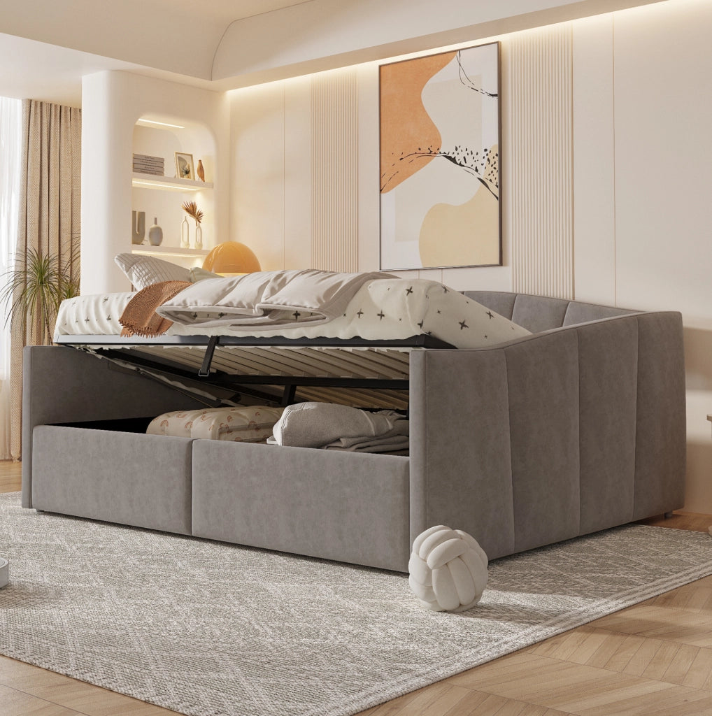 Divano letto 140x200 cm con contenitore; rete a doghe in velluto grigio