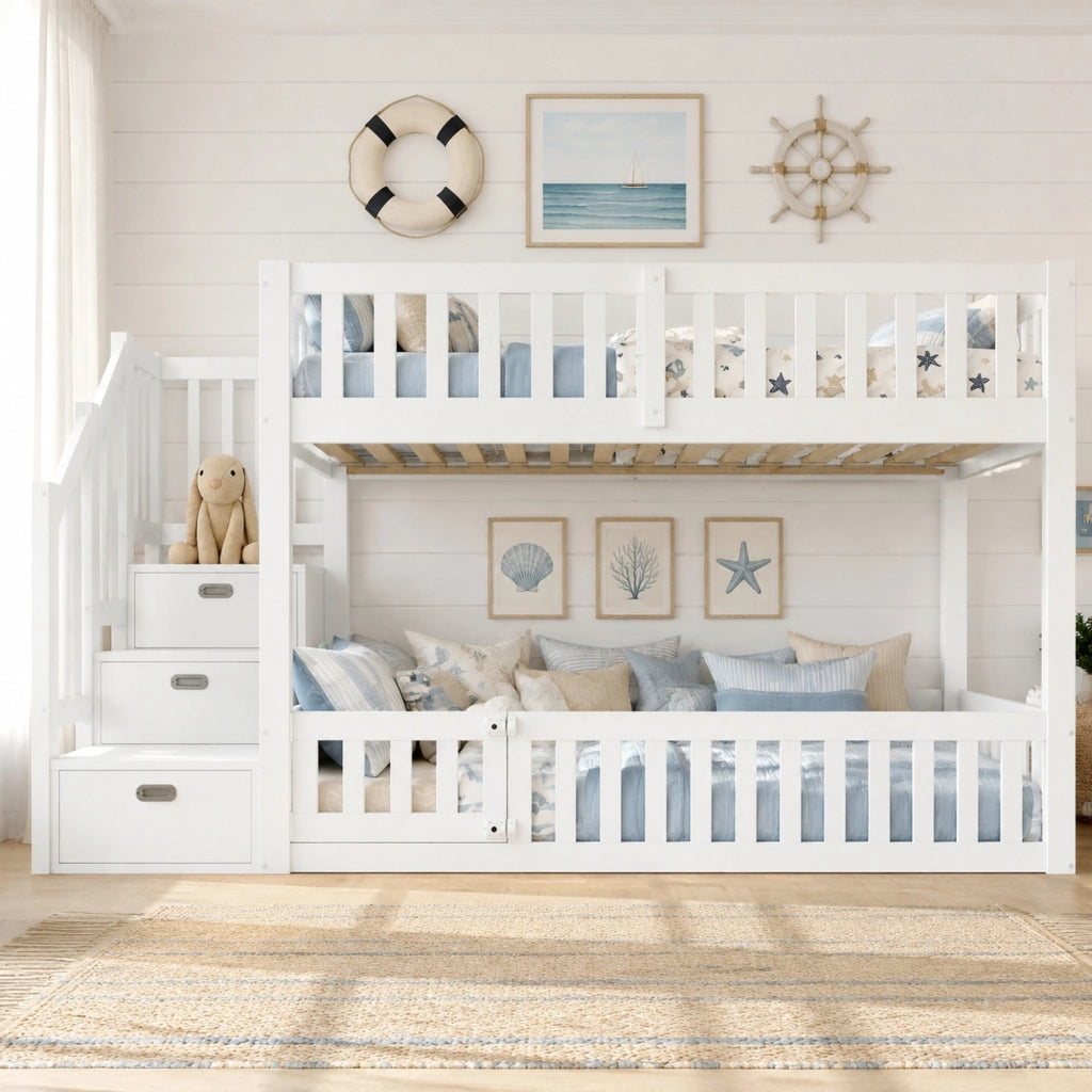 Letto a castello basso 90x200 cm con scala e spazio contenitore; bianco