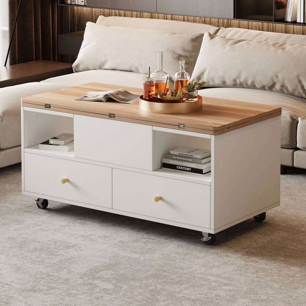 TAVOLINO ALZABILE E PIEGHEVOLE 100 x 50 x 47,5 cm MDF Colore Legno Naturale e Bianco con 4 Cassetti