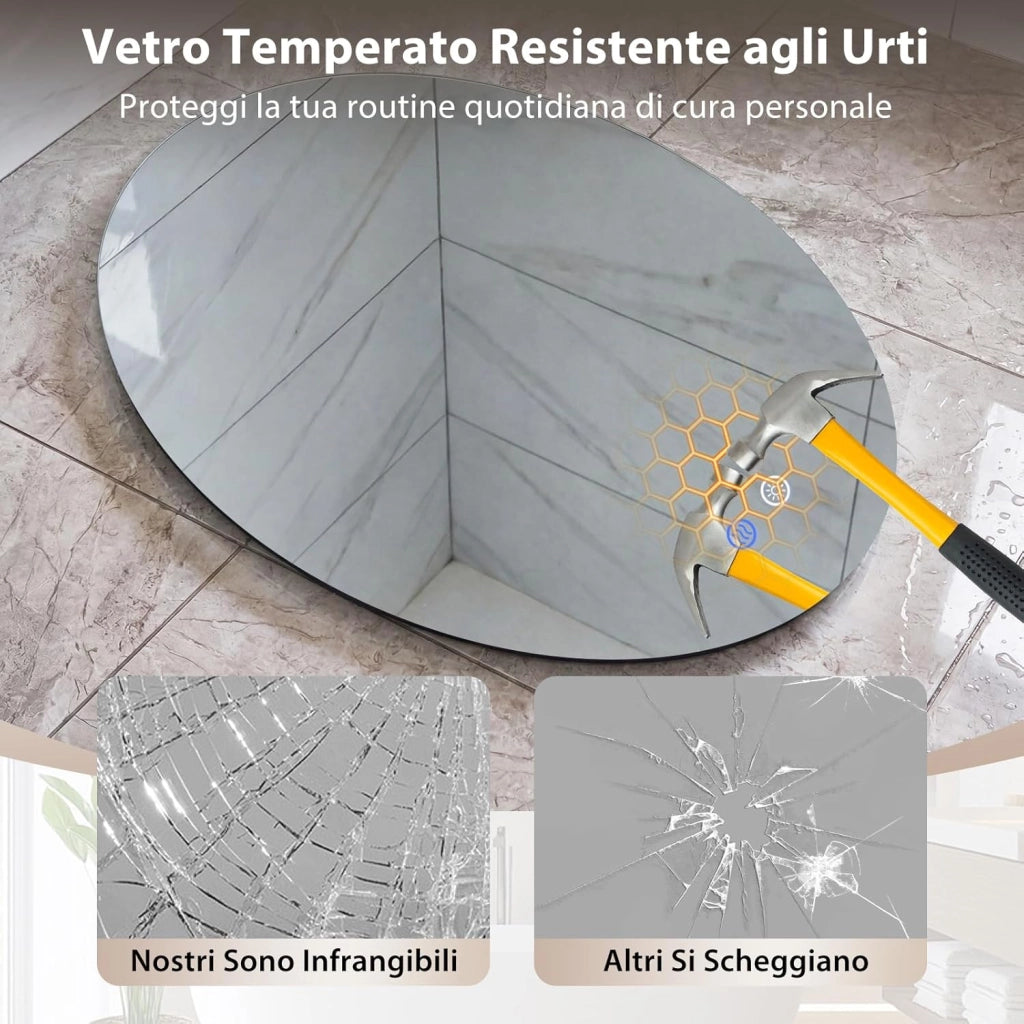 Specchio da Bagno Ovale 70 x 50 CM, Specchio da Toeletta con Luce LED, Antiappannamento, 3 Colori di Luce Dimmerabili, Funzione Memoria e Vetro Temperato Infrangibile per Ingresso