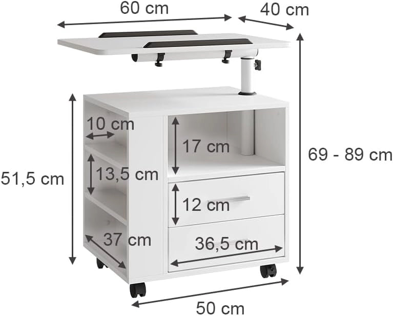 Comodino Bora, Bianco, 60 x 69 cm con 2 cassetti, con piano di lavoro girevole e ruote per un utilizzo flessibile