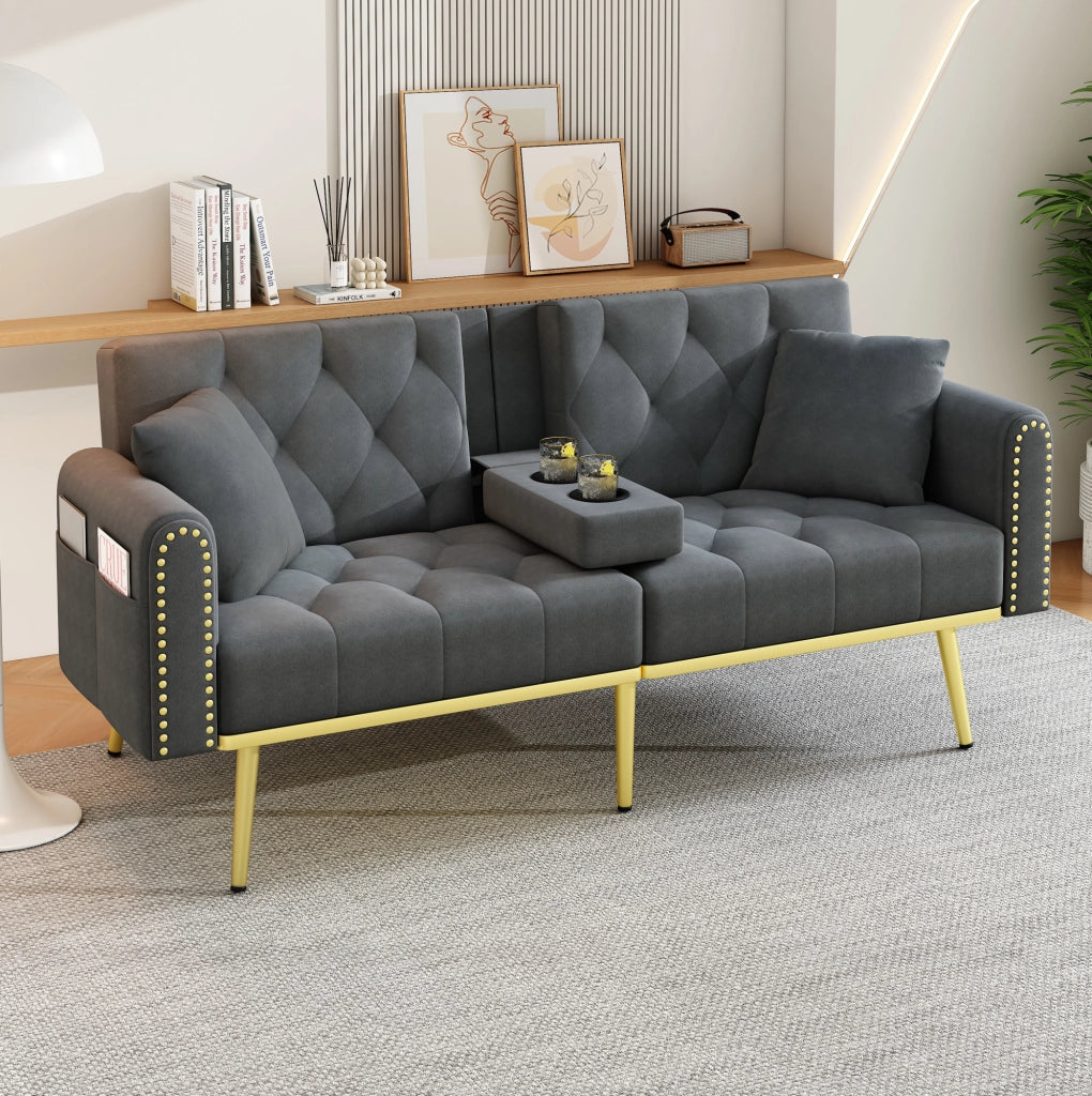 Divano letto 175x80 cm in velluto grigio con portabicchieri， 2 posti