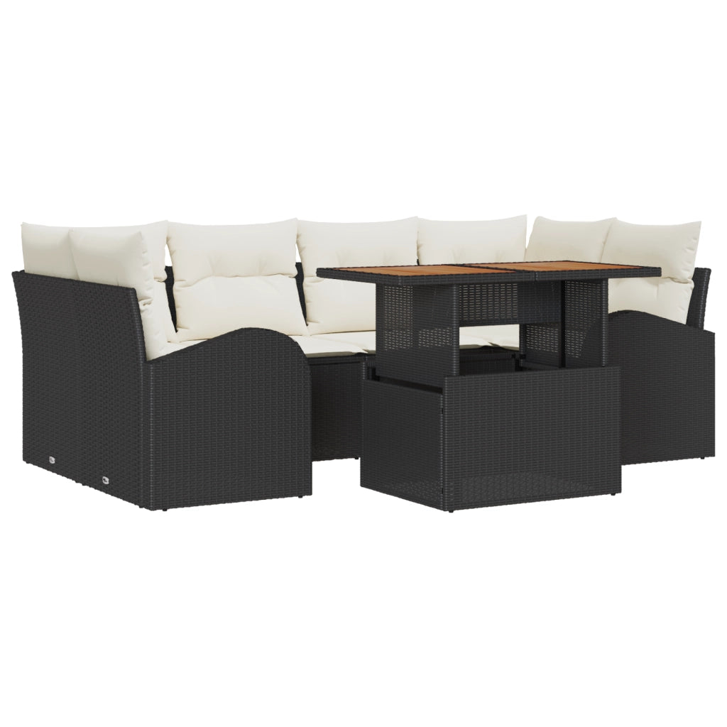 Set da Pranzo Giardino 7 Pezzi con Cuscini Nero Polyrattan Acacia
