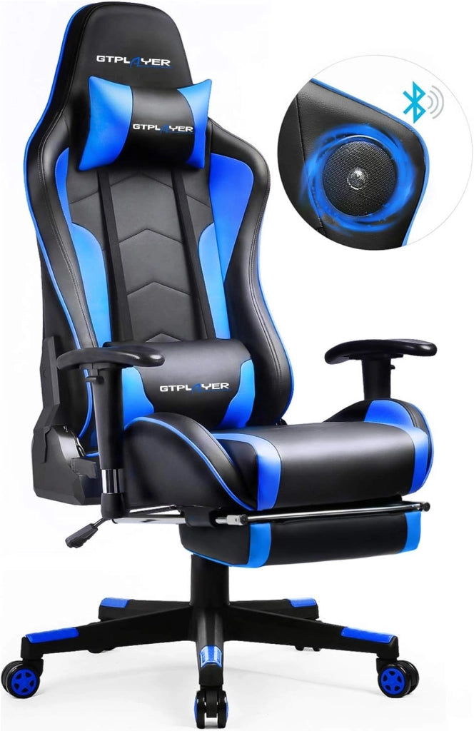 Sedia da gaming, con poggiapiedi, altoparlante Bluetooth, ergonomica, da ufficio, da scrivania, con schienale regolabile, portata 150 kg, colore: nero