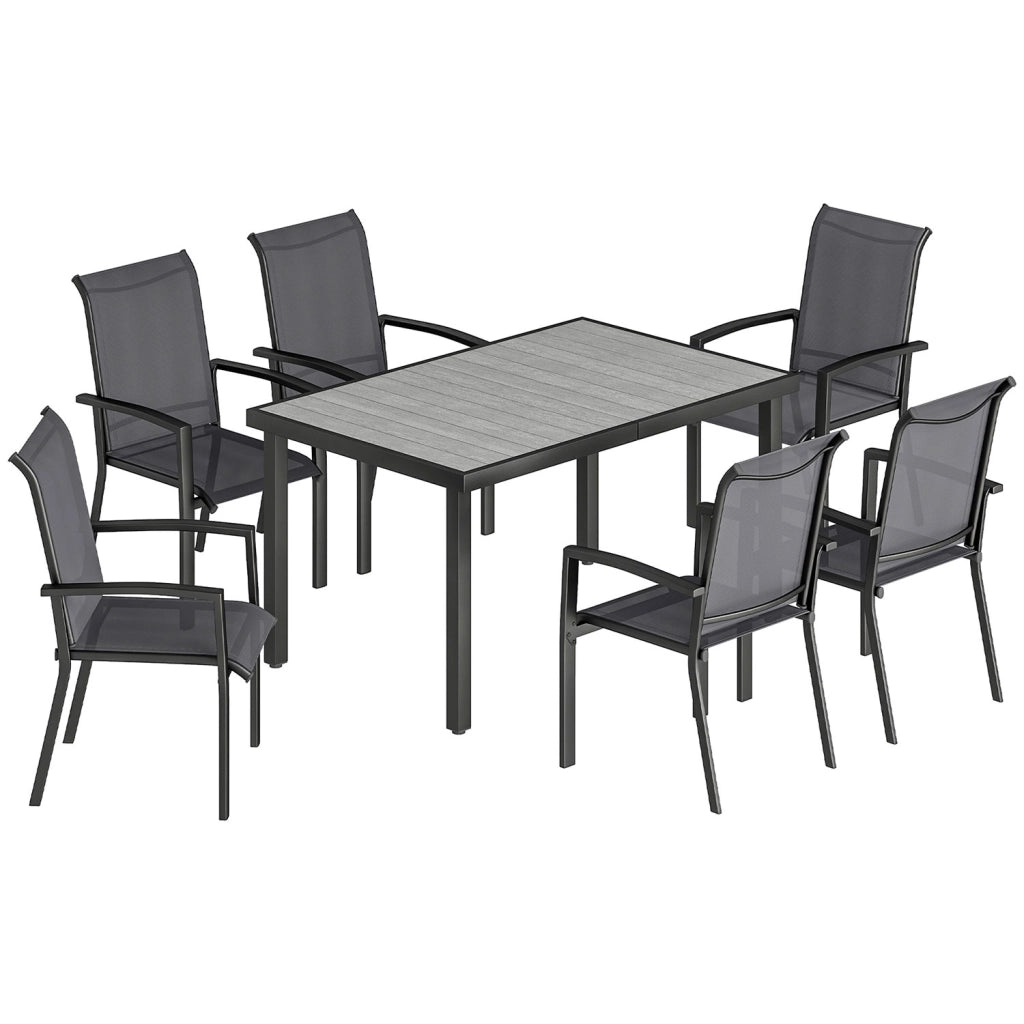 Set 7 Pezzi da Giardino con Tavolo a 2 Sezioni e 6 Sedie Impilabili in Texteline Grigio