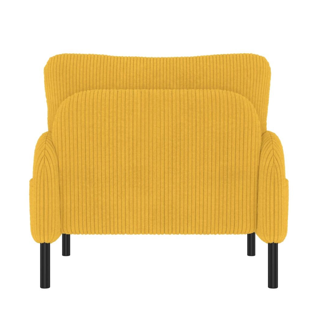 Poltrona singola in velluto a coste giallo con tasca laterale; 67x75x79 cm; struttura in metallo