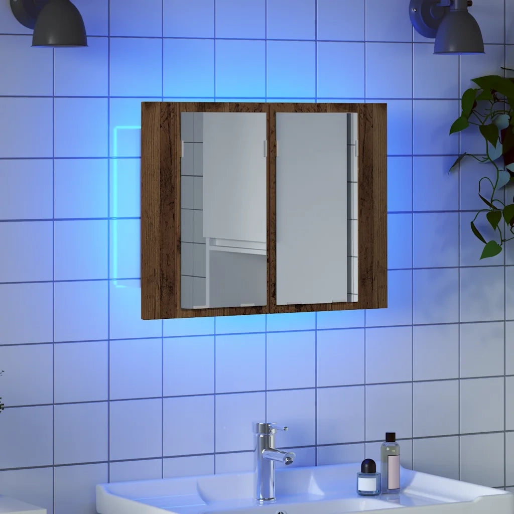 Mobile Specchio LED-Mobiletto a specchio Legno Antico 60x12x45 cm Legno Multistrato