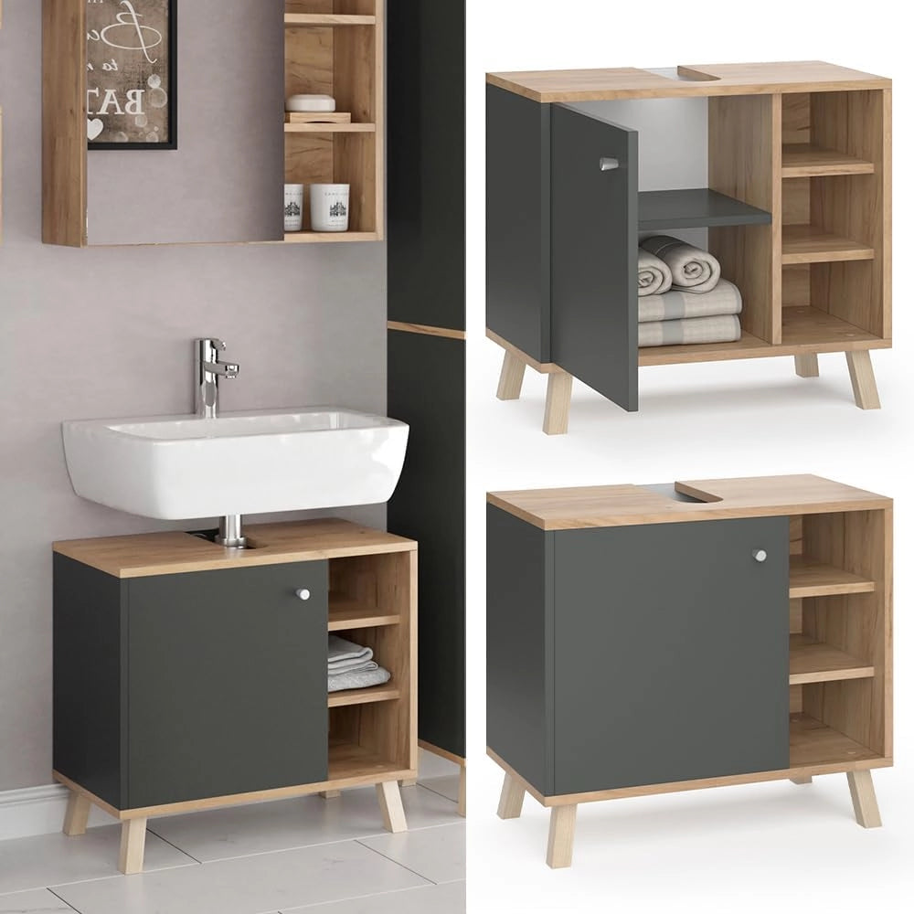 Mobile sottolavabo per bagno Senyo, Antracite, 60 x 54 cm, adatto al montaggio a parete e combinabile con mobili Senyo