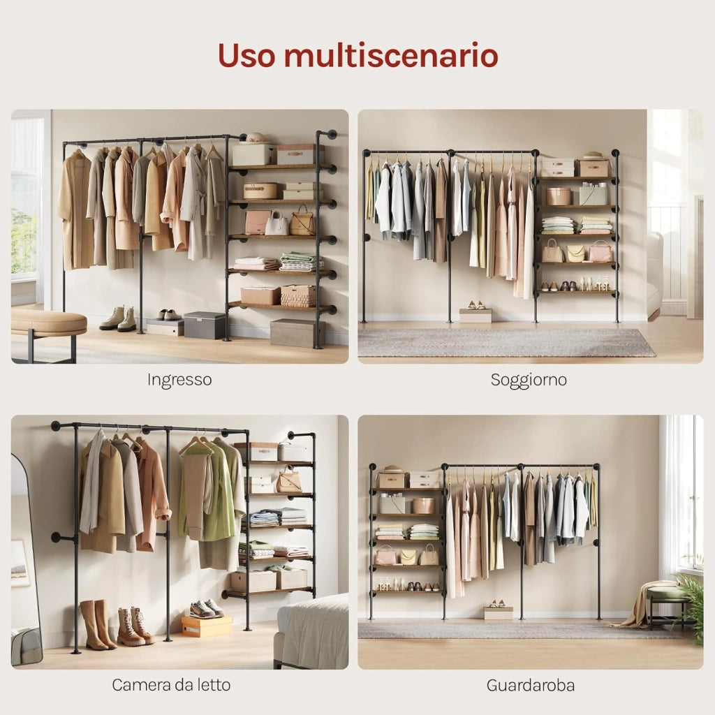 Appendiabiti da Parete, Attaccapanni da Muro Metallico con Design Aperto, Appendiabiti con 5 Ripiani in Legno, 2 Aste, Stile Vintage, Nero + Marrone Rustico
