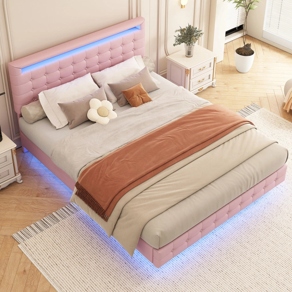 Letto flottante 140x200 cm con luce LED e testiera regolabile, rosa