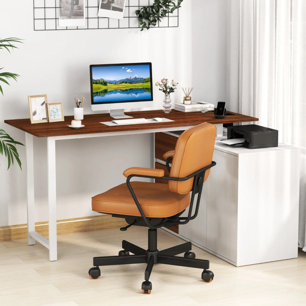 Scrivania angolare a forma di L con presa di corrente, Scrivania per computer reversibile con 3 cassetti Marrone-Scrivanie