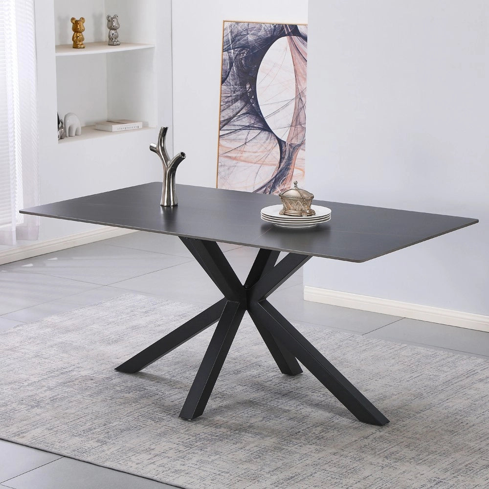 Tavolo da Pranzo Hunter 160×90 cm in Ceramica Effetto Marmo nero con Gambe Design nere