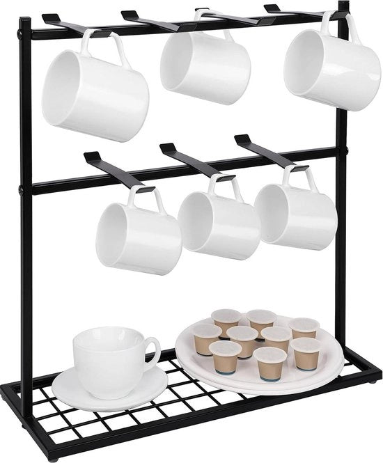 Sostegno per Caffè e Tè con Ripiano Base - 40 x 15 x 41 cm - Balia per Cappuccino con 14 Ganci - Organizzatore a 2 Livelli in Metallo per Cucina