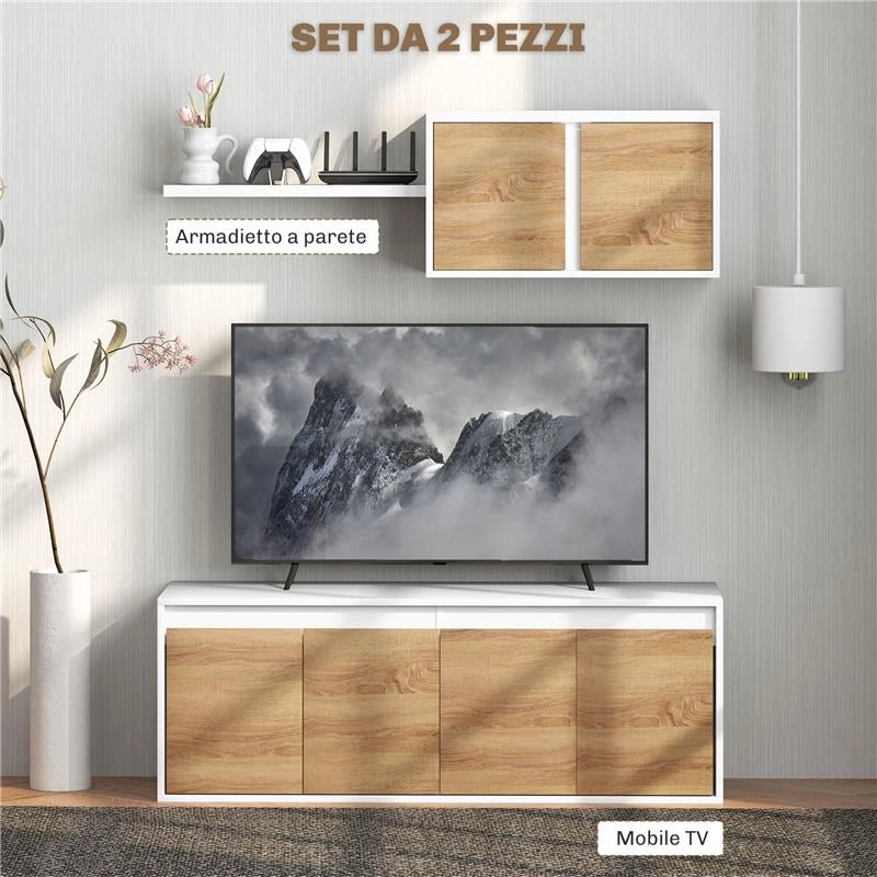 SET MOBILE TV E ARMADIETTO A MURO CON 7 RIPIANI E SCAFFALE APERTO IN LEGNO 120X41X43.3 CM BIANCO E COLOR LEGNO